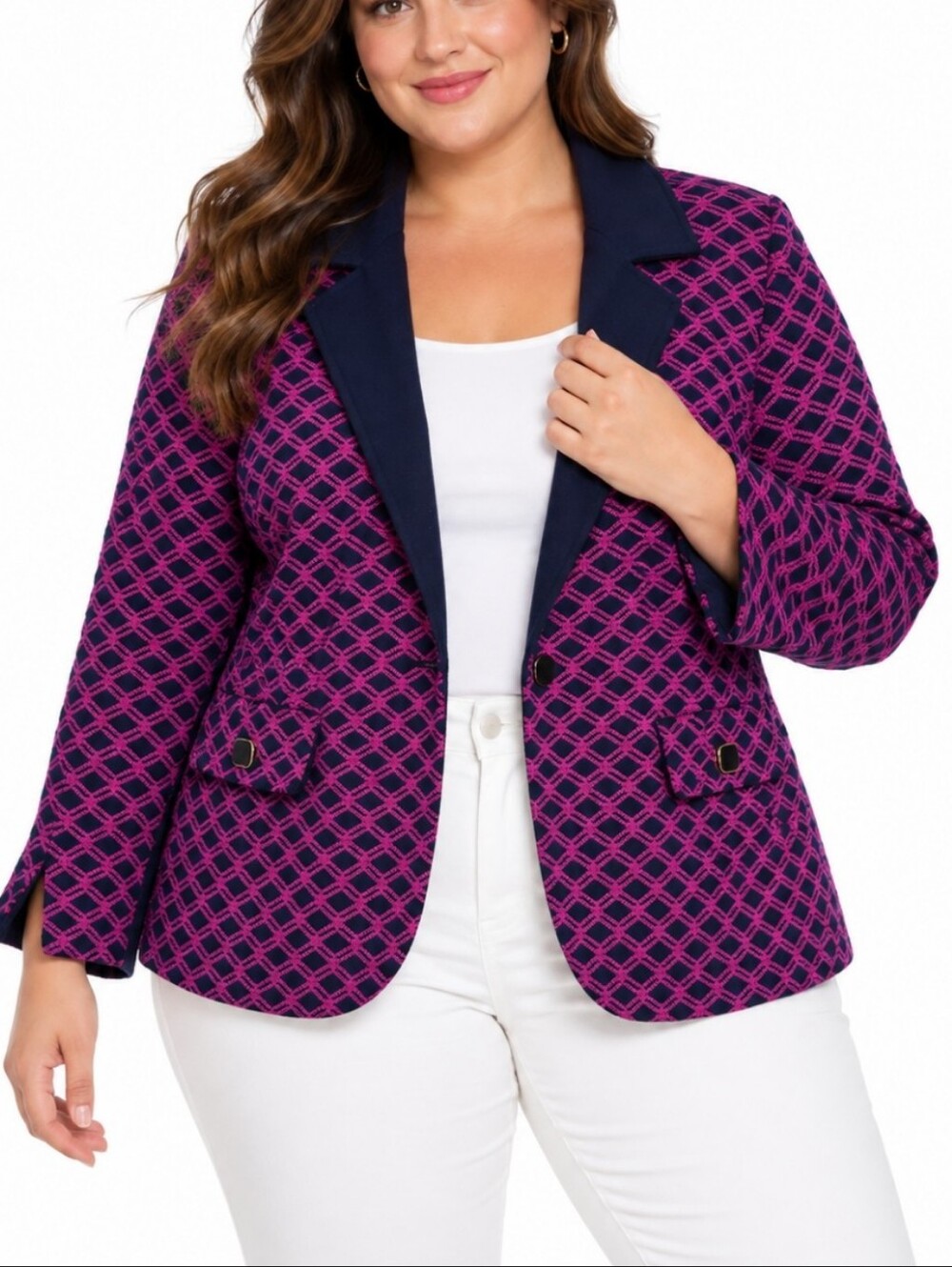 Vintage Luisa Spagnoli XL Navy Magenta Geometric Jacquard Blazer Jacket Wool